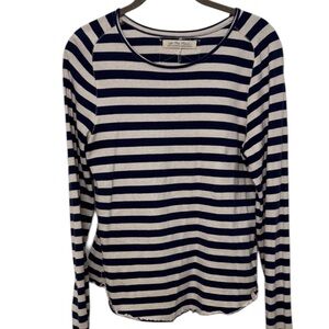 We The Free navy Stripe Long Sleeve Tee Raw ruffle lettuce Hem 100% Cotton large